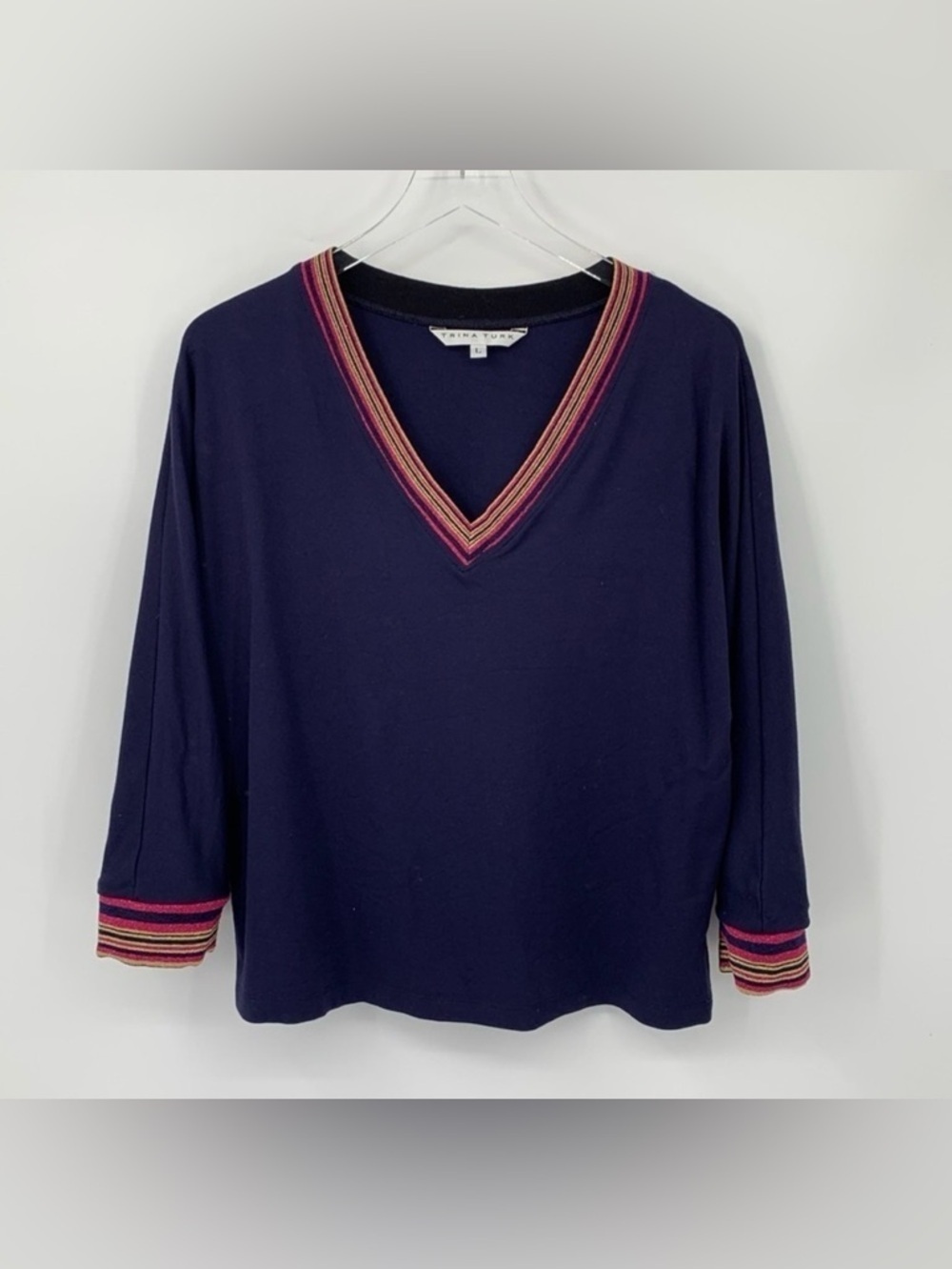 Trina Turk v-neck Dolman sleeve knit shirt top blouse navy blue metallic trim L